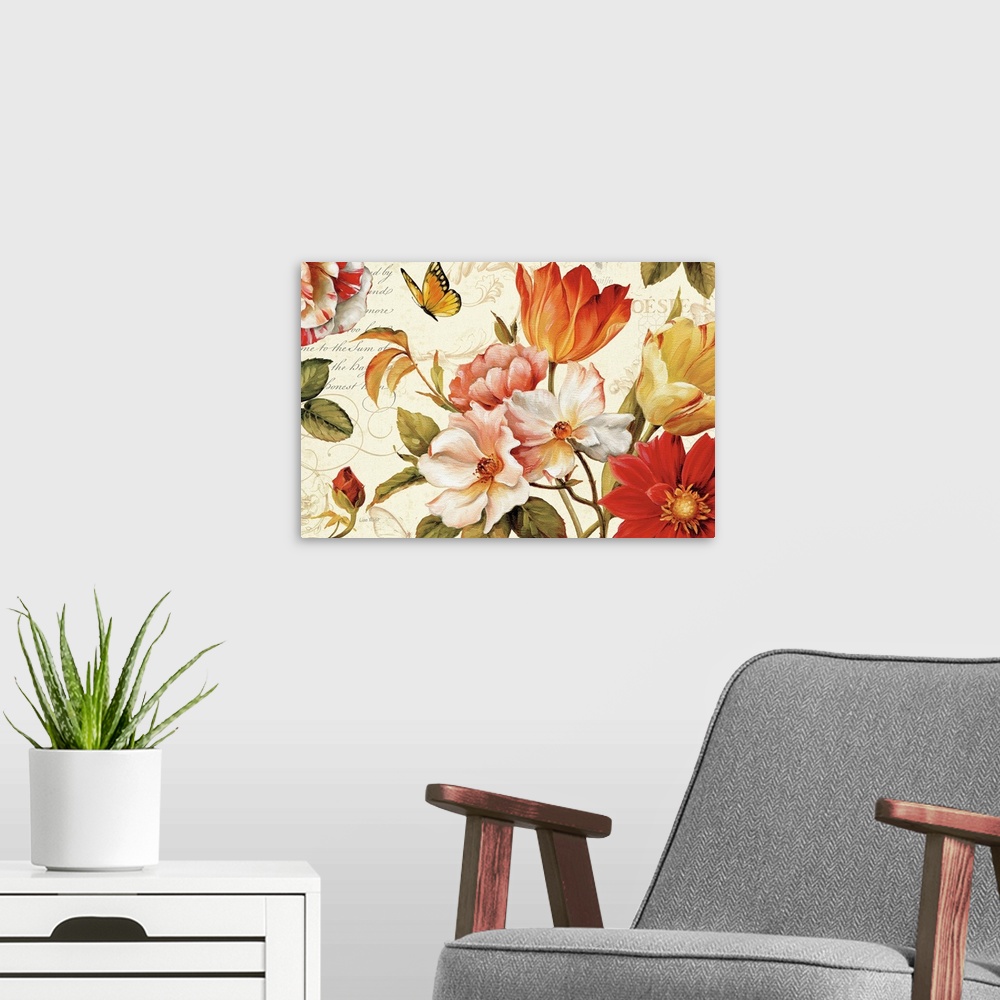 A modern room featuring Big canvas art of realistic looking flowers painted on top of a background with various overlays ...