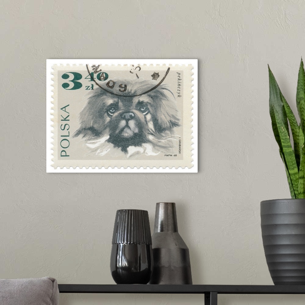 A modern room featuring Artwork of a Polish postage stamp of a pekingese with a black postmark overlapping.