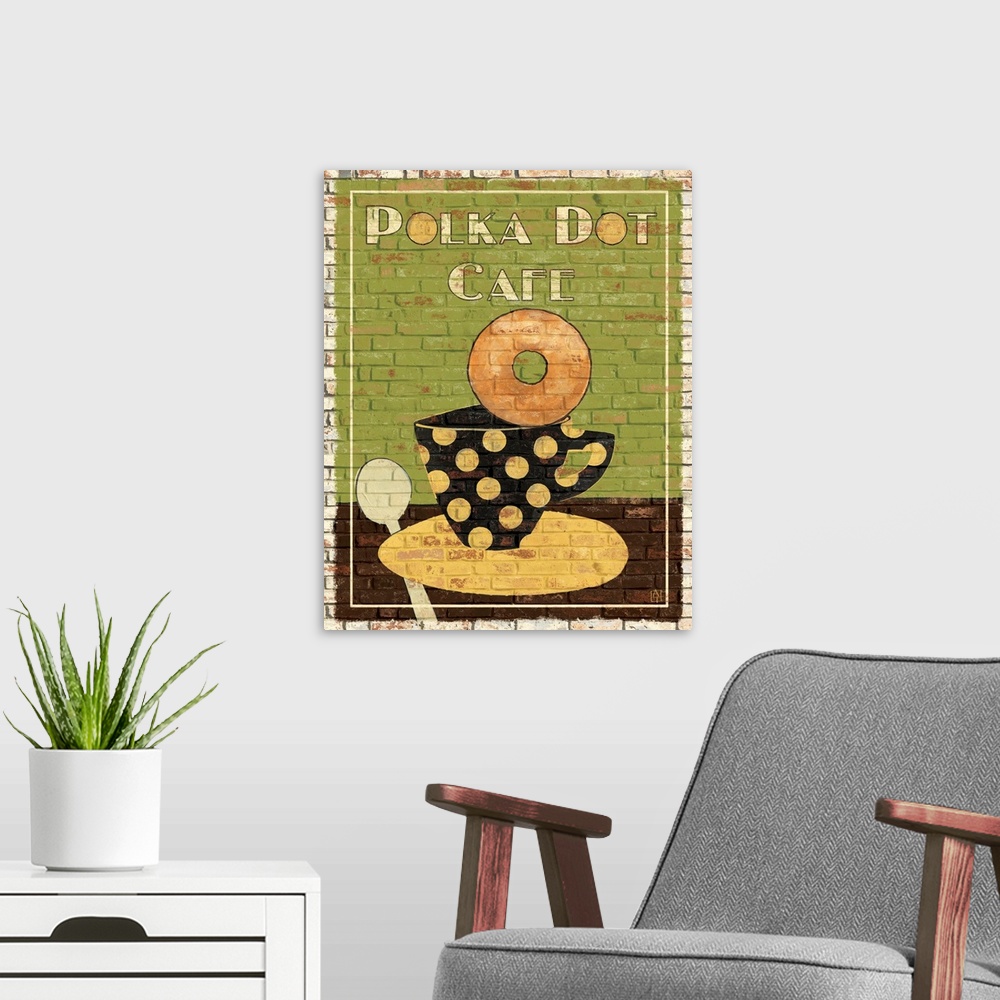 A modern room featuring Portrait, large artwork for the "Polka Dot Cafo", of a donut sitting on the edge of a polka dotte...