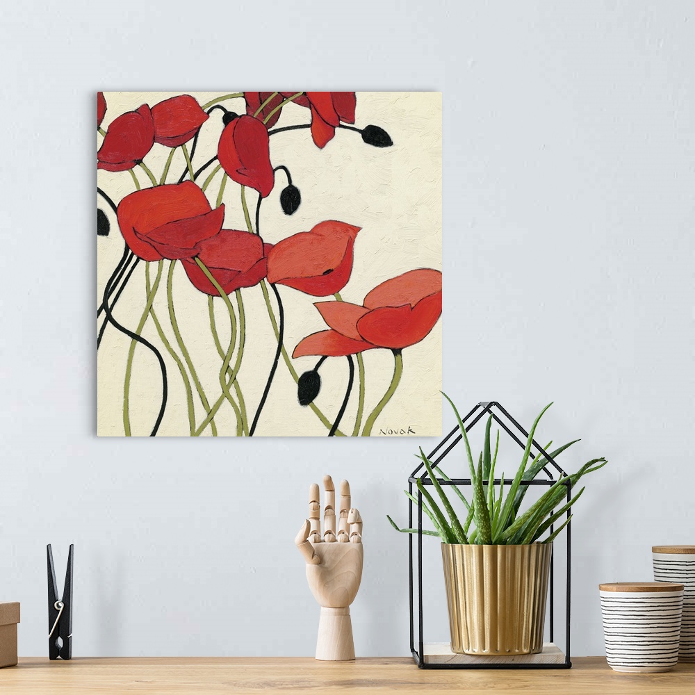 A bohemian room featuring Painting of poppy flowers in bloom with buds.