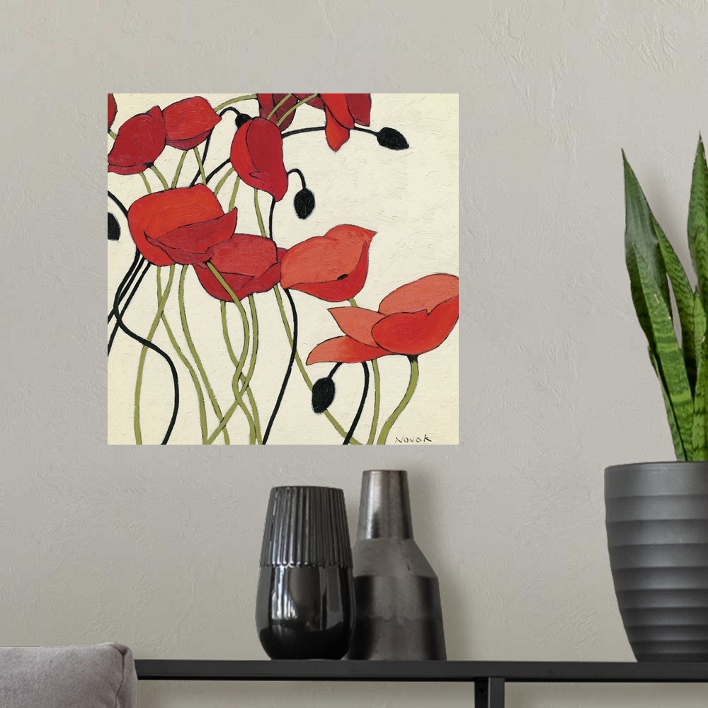 A modern room featuring Painting of poppy flowers in bloom with buds.