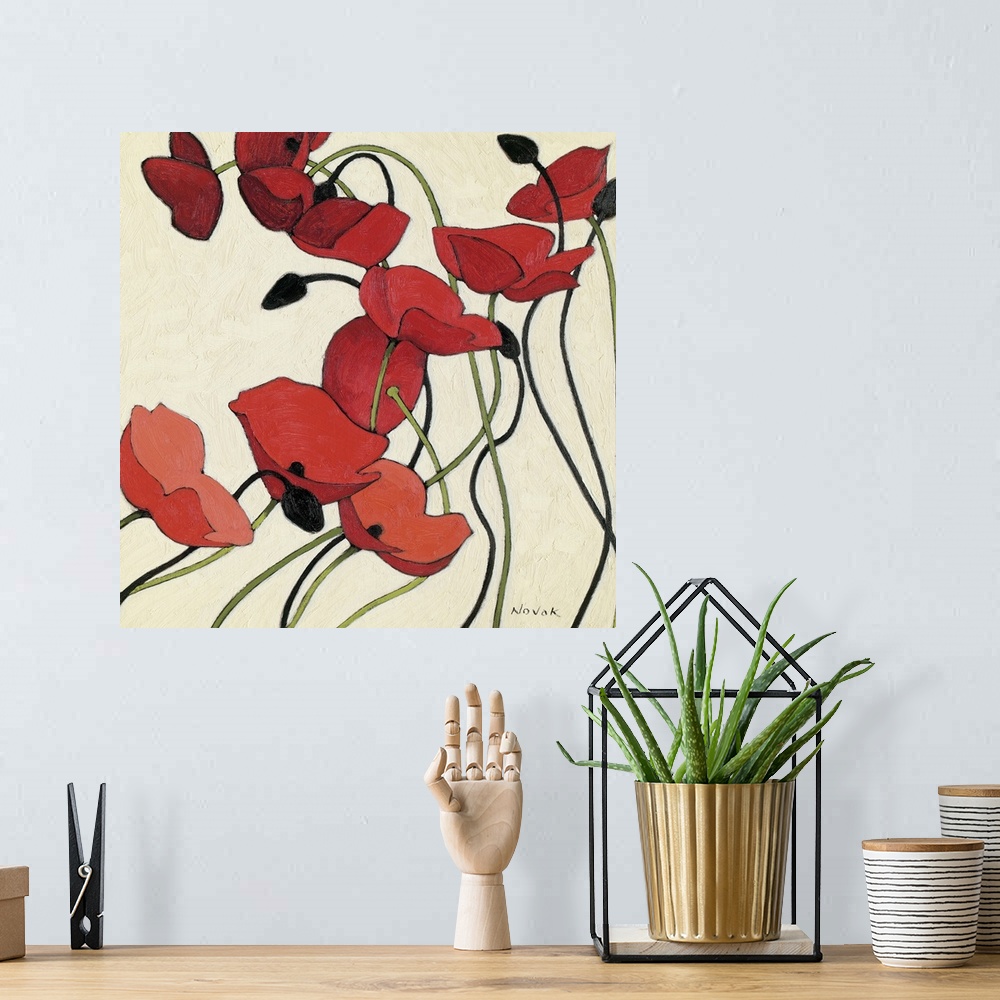 A bohemian room featuring Contemporary artwork of red poppies on long thin stems that are painted on a neutral background.