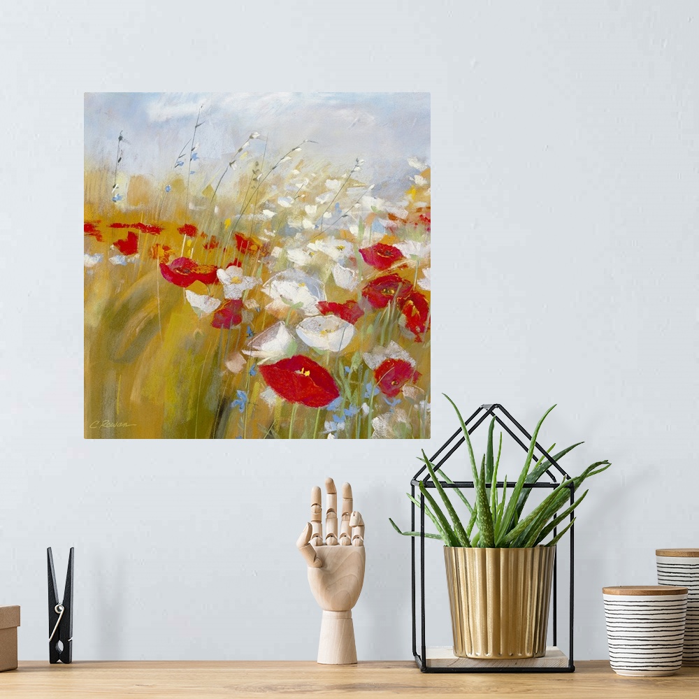 A bohemian room featuring Red and white poppy flowers painted in a meadow with brushstroke whispy clouds overhead.