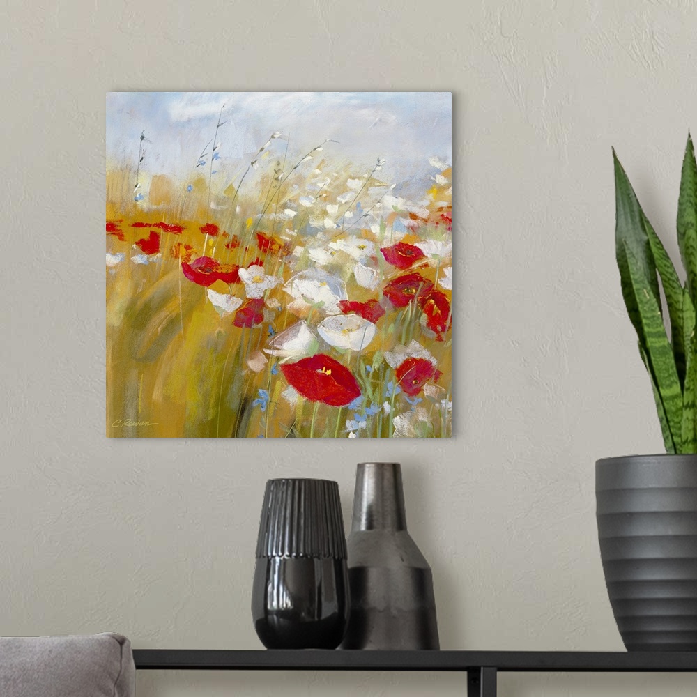 A modern room featuring Red and white poppy flowers painted in a meadow with brushstroke whispy clouds overhead.