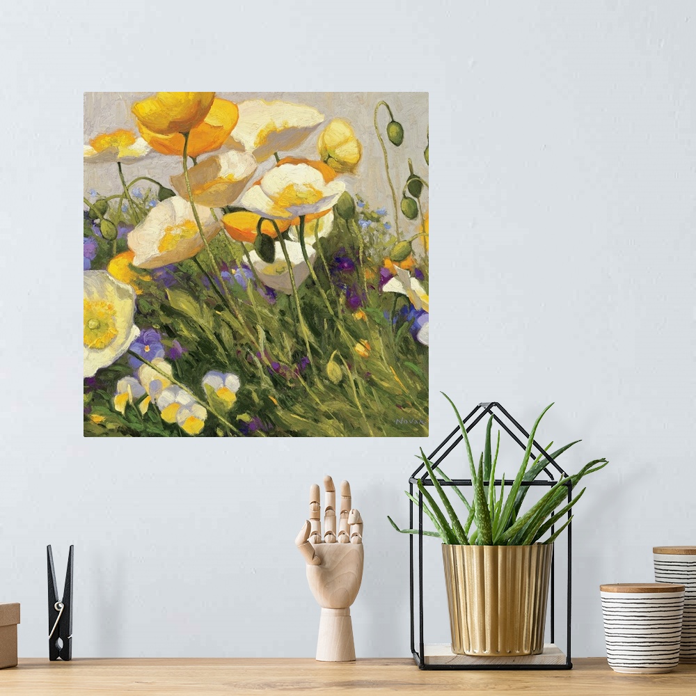 A bohemian room featuring Square, floral painting on a large wall hanging of a field of golden poppies and purple pansies, ...