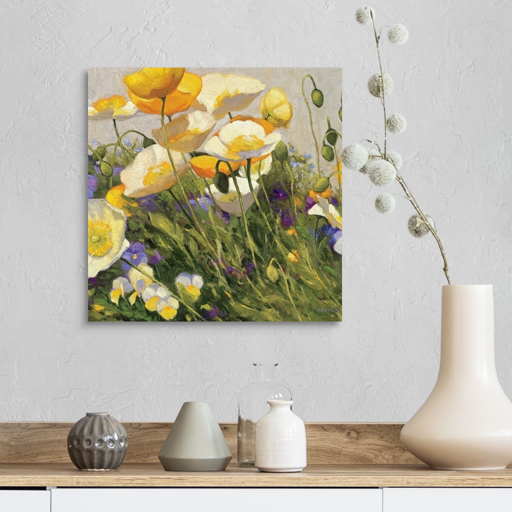 A farmhouse room featuring Square, floral painting on a large wall hanging of a field of golden poppies and purple pansies, ...