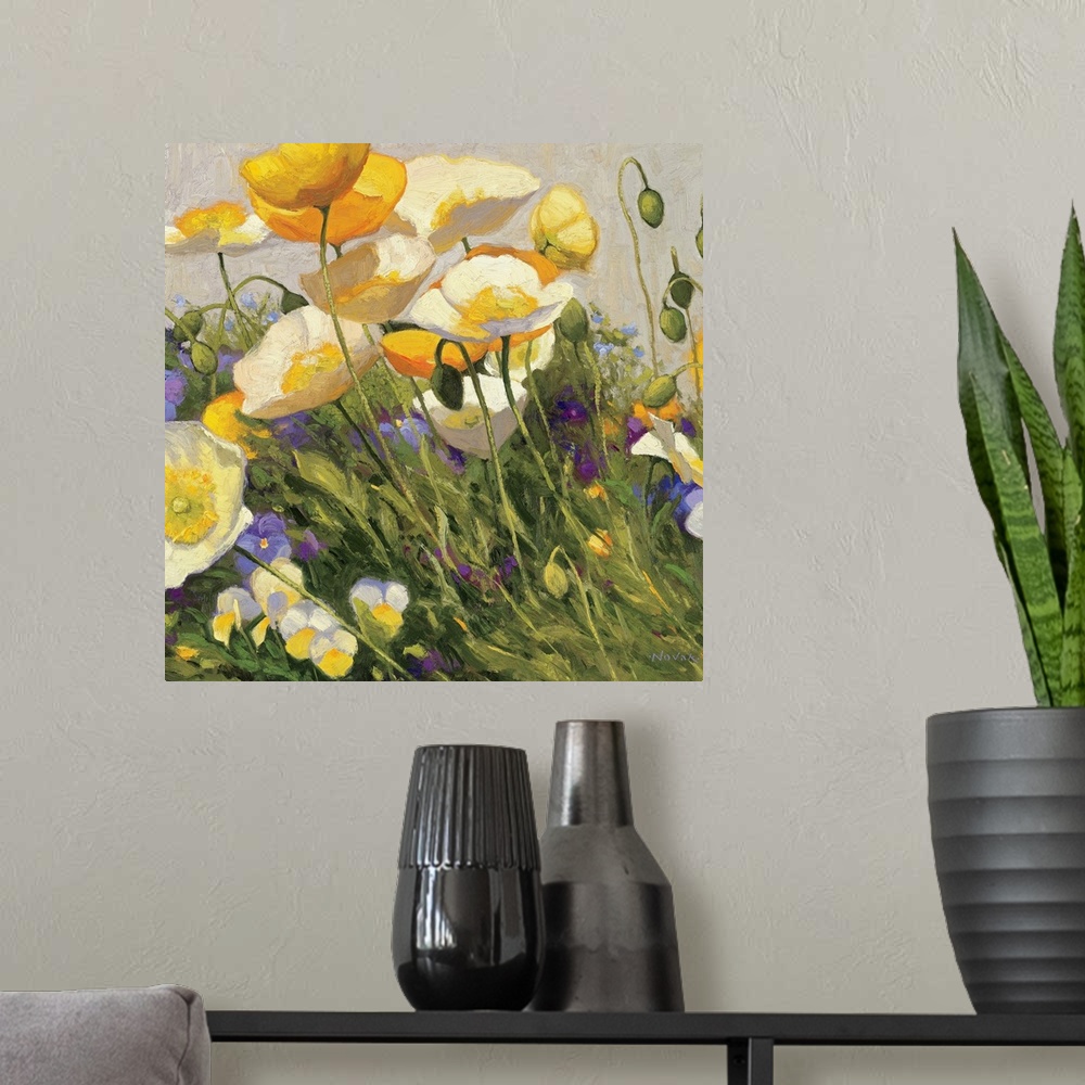 A modern room featuring Square, floral painting on a large wall hanging of a field of golden poppies and purple pansies, ...
