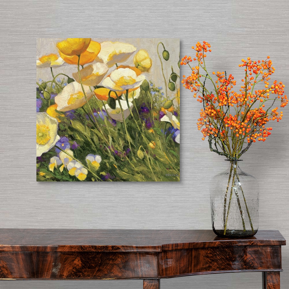 A traditional room featuring Square, floral painting on a large wall hanging of a field of golden poppies and purple pansies, ...