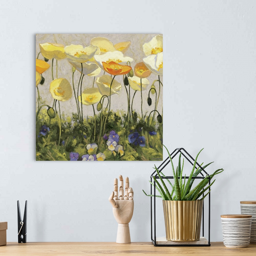 A bohemian room featuring Giant, square floral painting of golden poppies extending above green grasses filled with pansies...