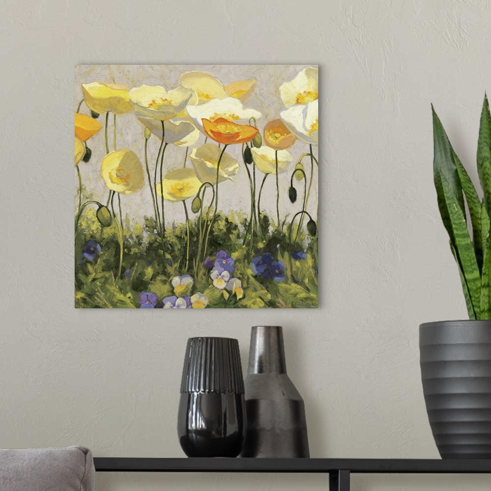 A modern room featuring Giant, square floral painting of golden poppies extending above green grasses filled with pansies...