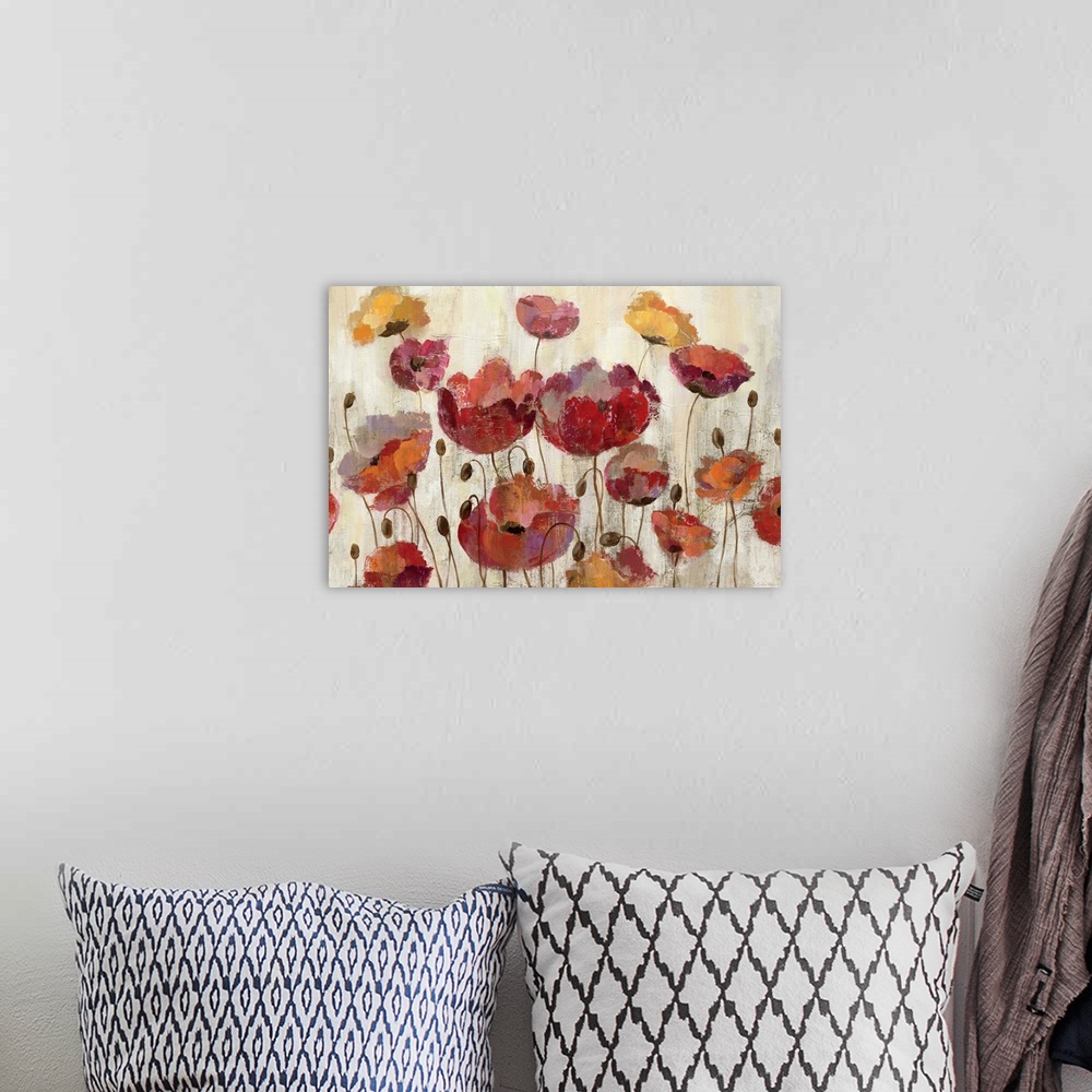 A bohemian room featuring Rustic color and texture make this watercolor painting of flowers a addition to any home.