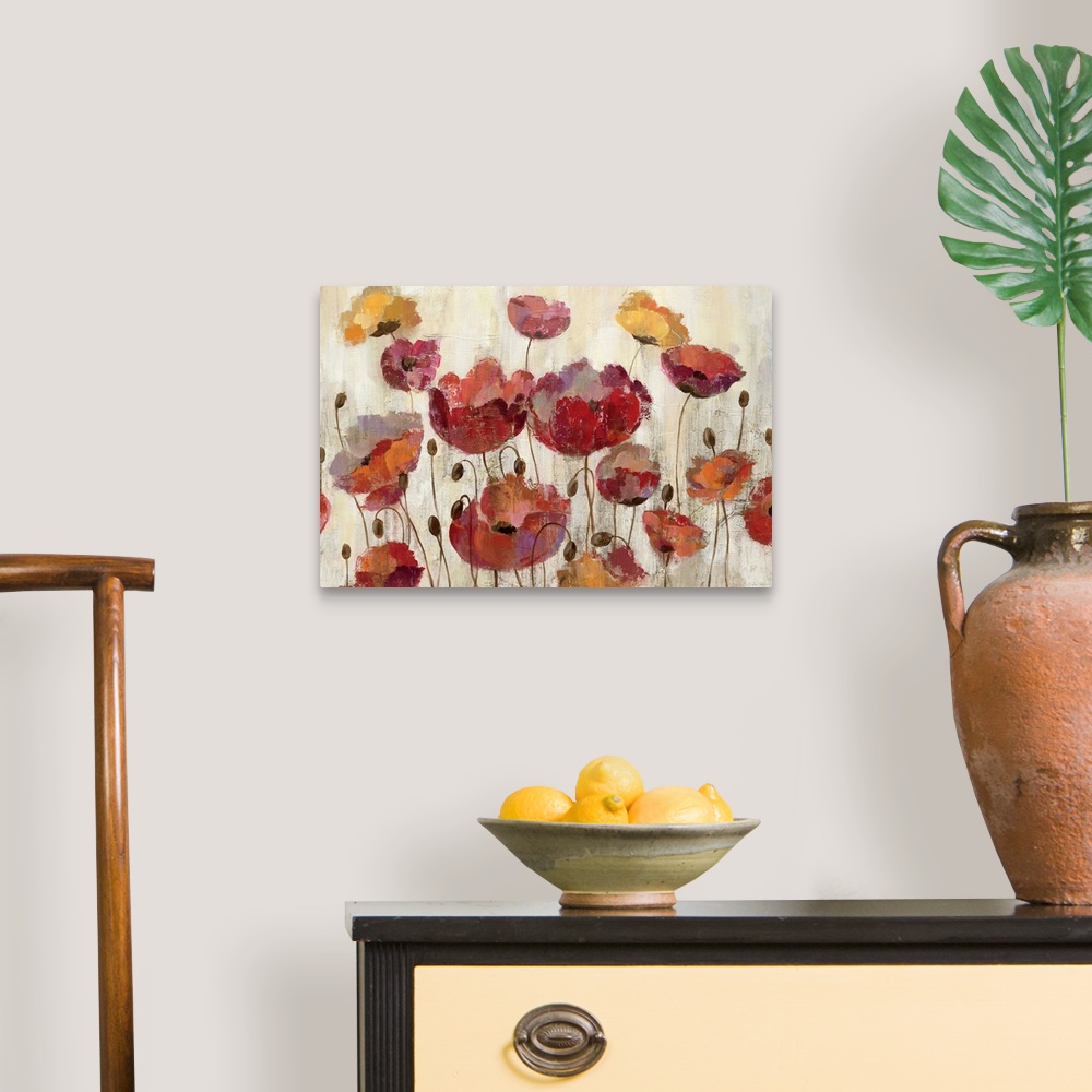 A traditional room featuring Rustic color and texture make this watercolor painting of flowers a addition to any home.