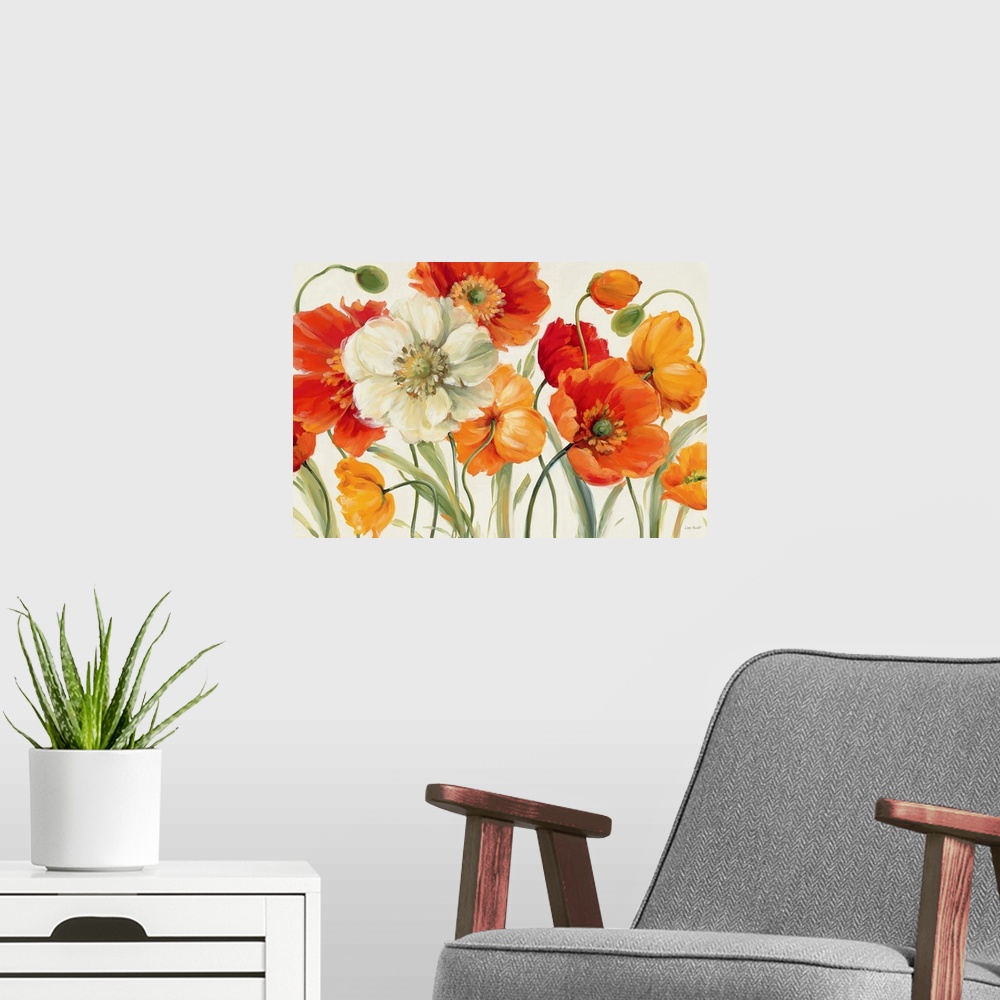 A modern room featuring Huge floral art shows a vibrant arrangement of flowers and buds positioned in front of a blank ba...