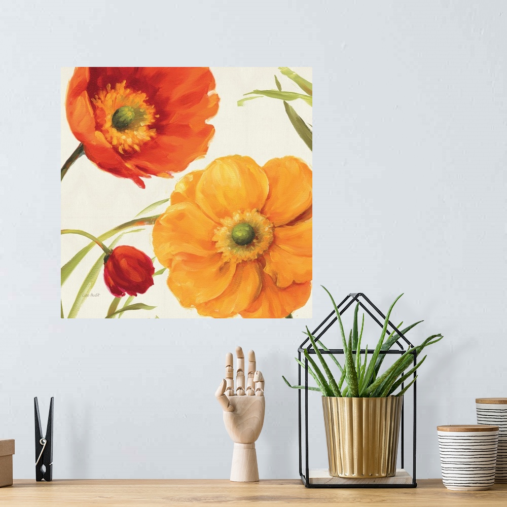 A bohemian room featuring Contemporary artwork of a close-up of bright poppy flowers.