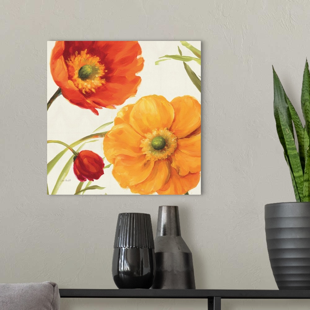 A modern room featuring Contemporary artwork of a close-up of bright poppy flowers.