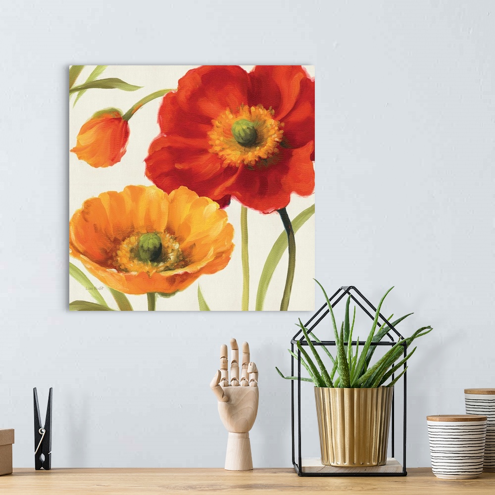A bohemian room featuring Contemporary artwork of a close-up of bright poppy flowers.