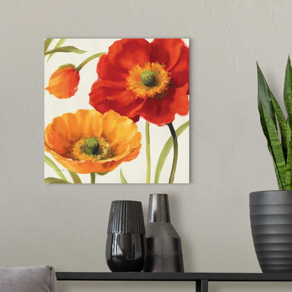 A modern room featuring Contemporary artwork of a close-up of bright poppy flowers.