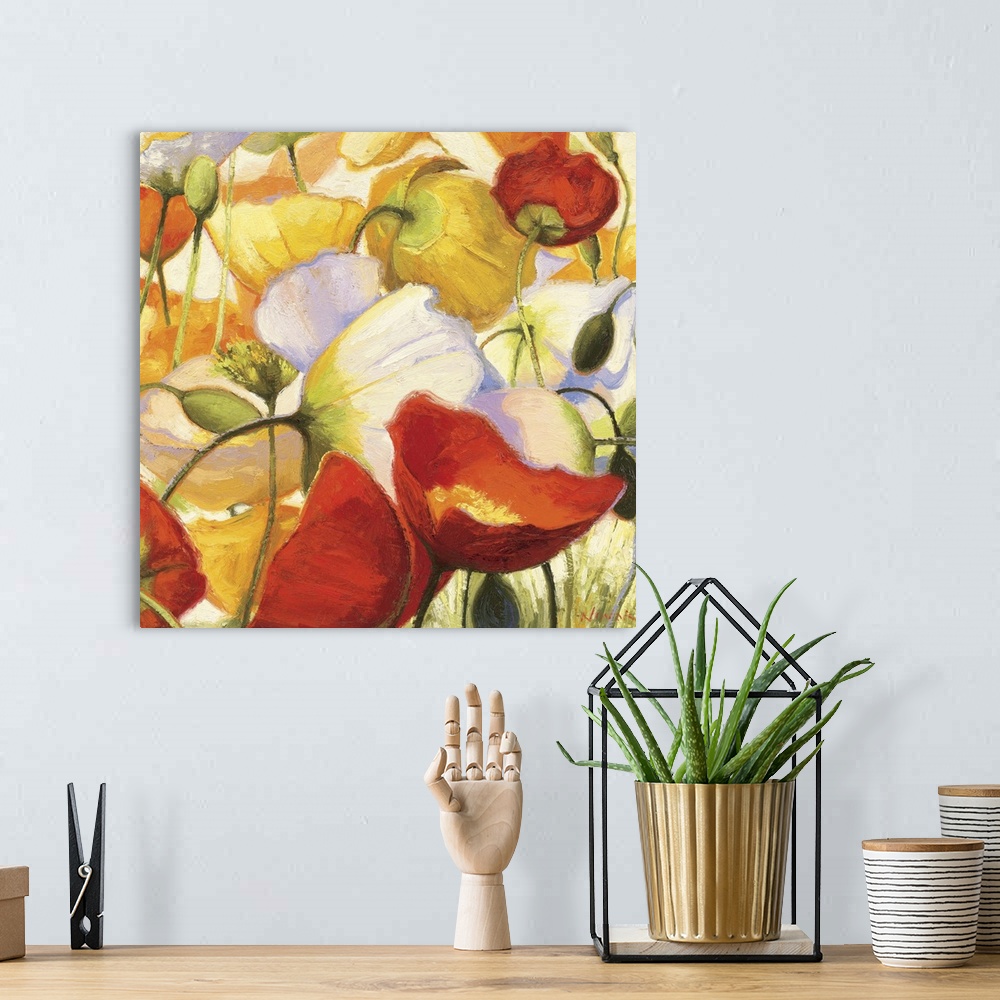 A bohemian room featuring Floral painting filled with poppy flowers of different colors.