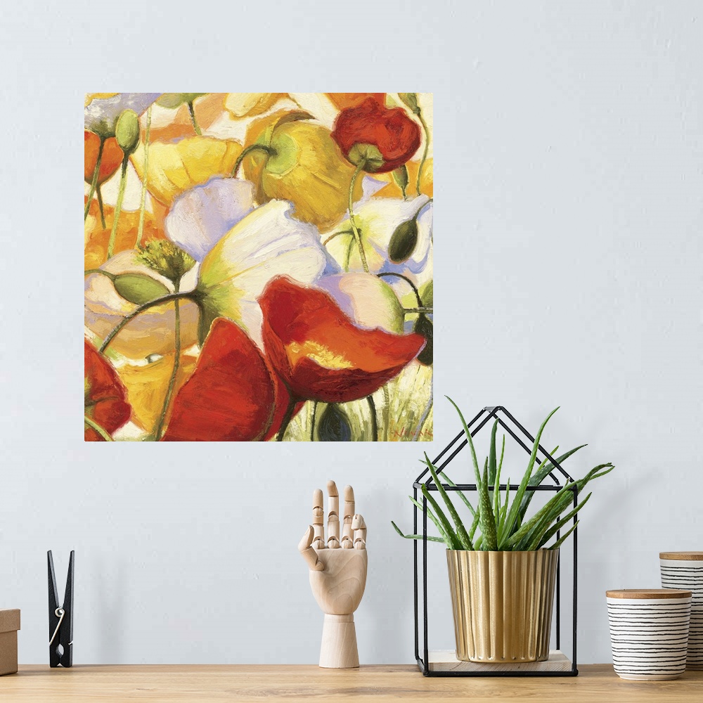 A bohemian room featuring Floral painting filled with poppy flowers of different colors.