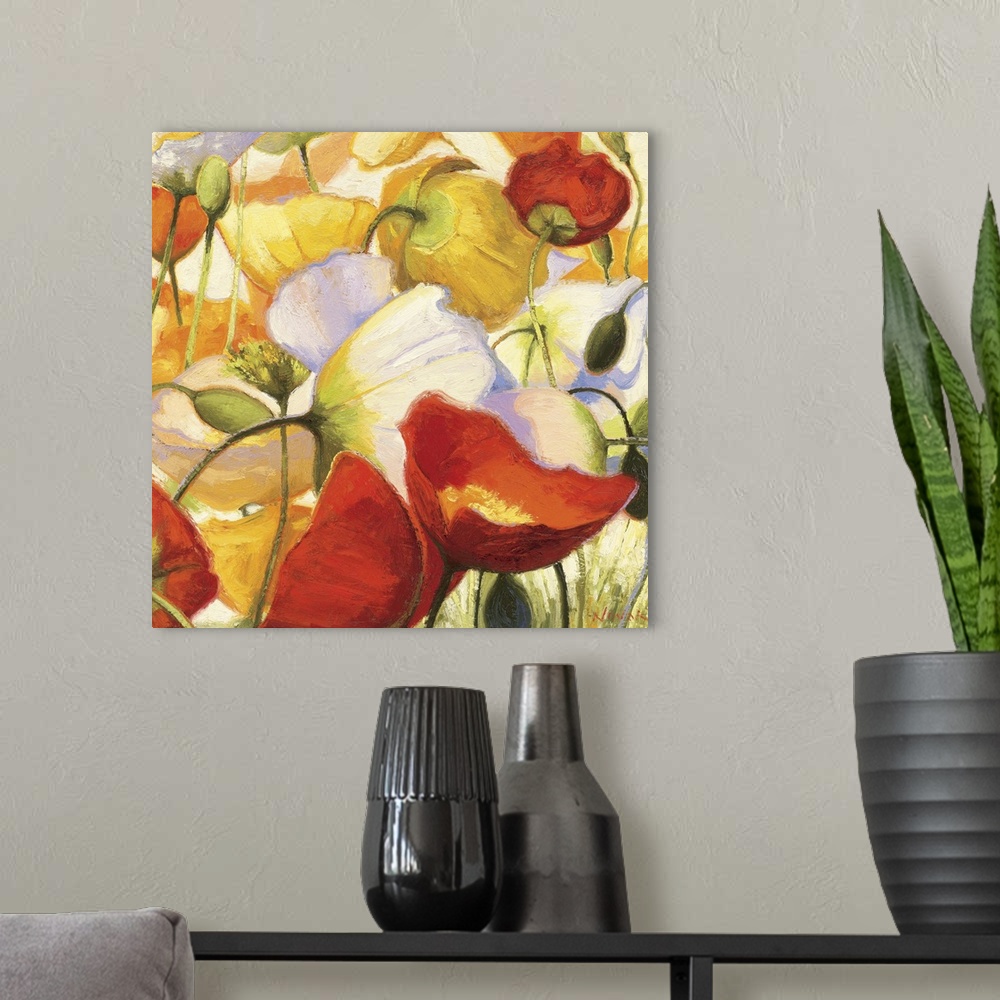 A modern room featuring Floral painting filled with poppy flowers of different colors.