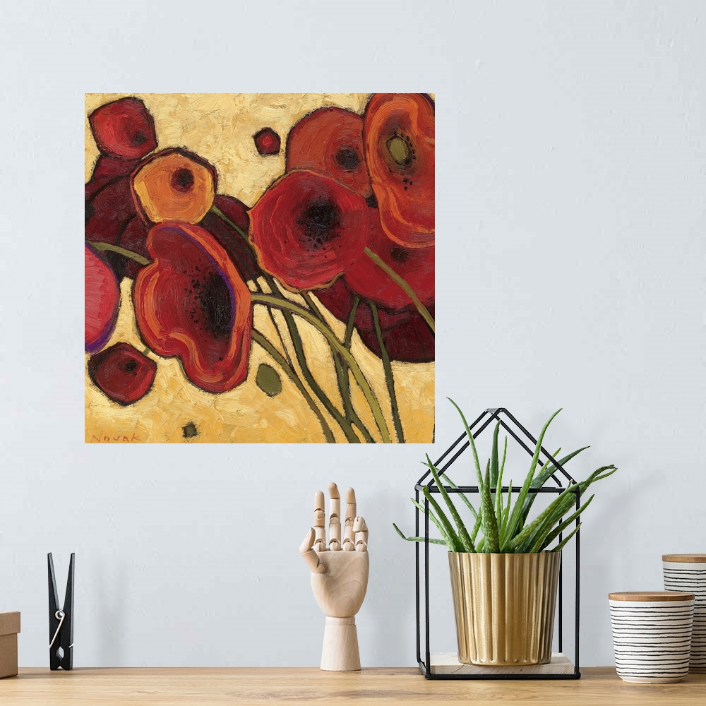 A bohemian room featuring Up close contemporary painting of boldly colored flower bunch and its stems.  The background is m...