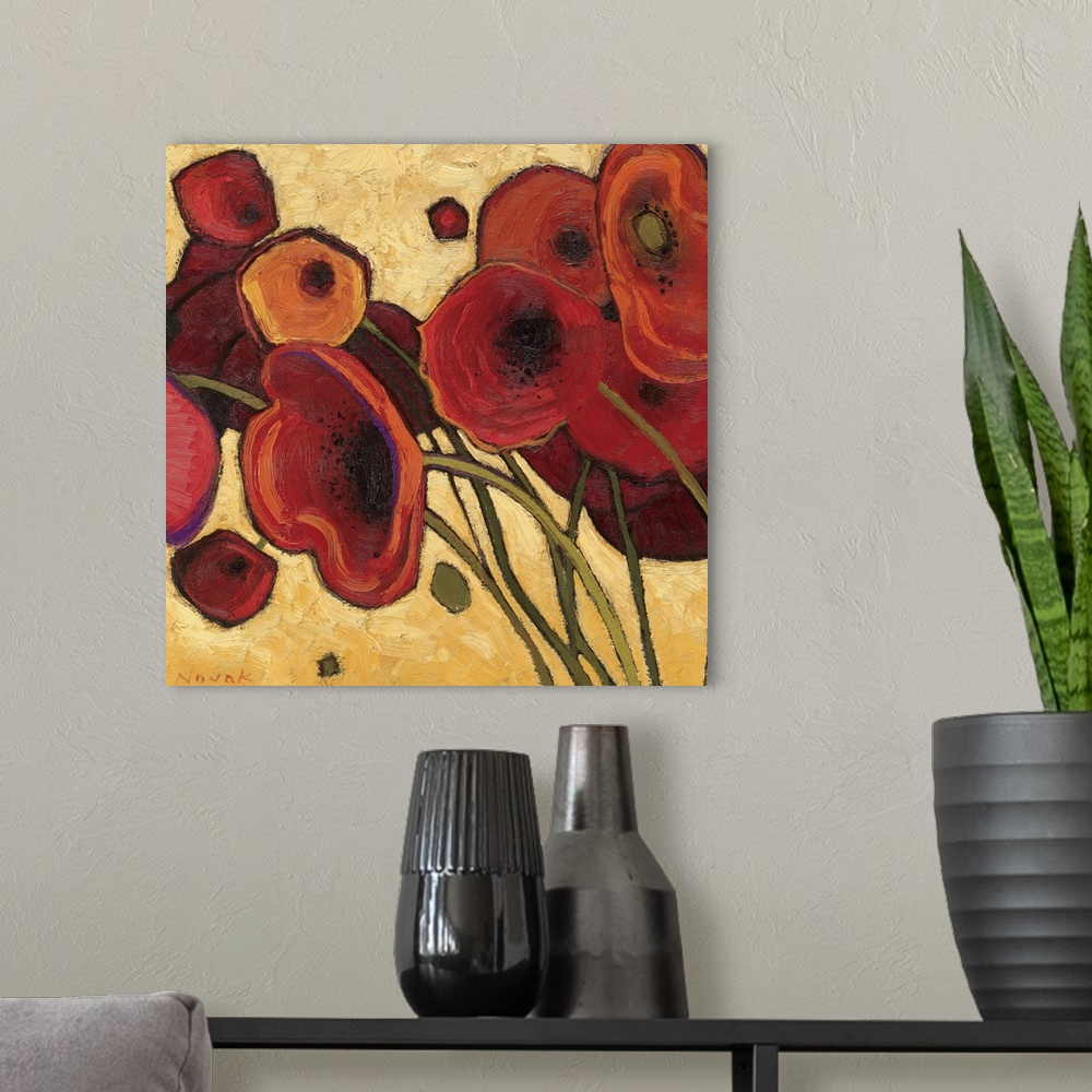 A modern room featuring Up close contemporary painting of boldly colored flower bunch and its stems.  The background is m...