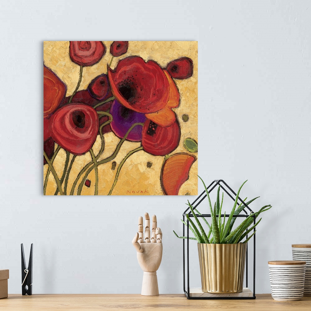 A bohemian room featuring Huge contemporary art centers on a group of poppy flowers sitting in front of a warm toned backgr...