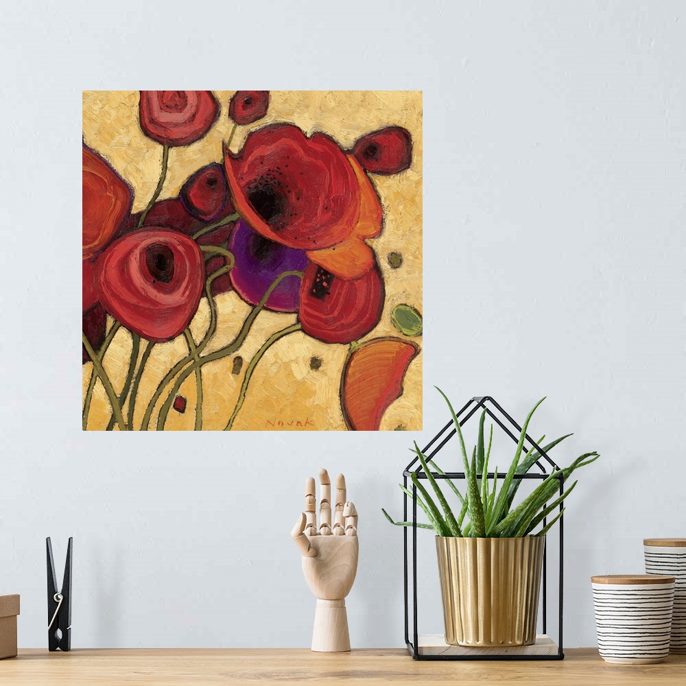 A bohemian room featuring Huge contemporary art centers on a group of poppy flowers sitting in front of a warm toned backgr...