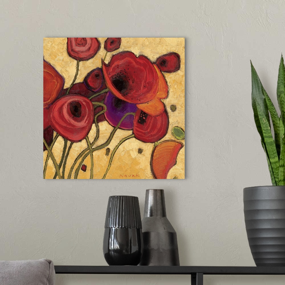 A modern room featuring Huge contemporary art centers on a group of poppy flowers sitting in front of a warm toned backgr...