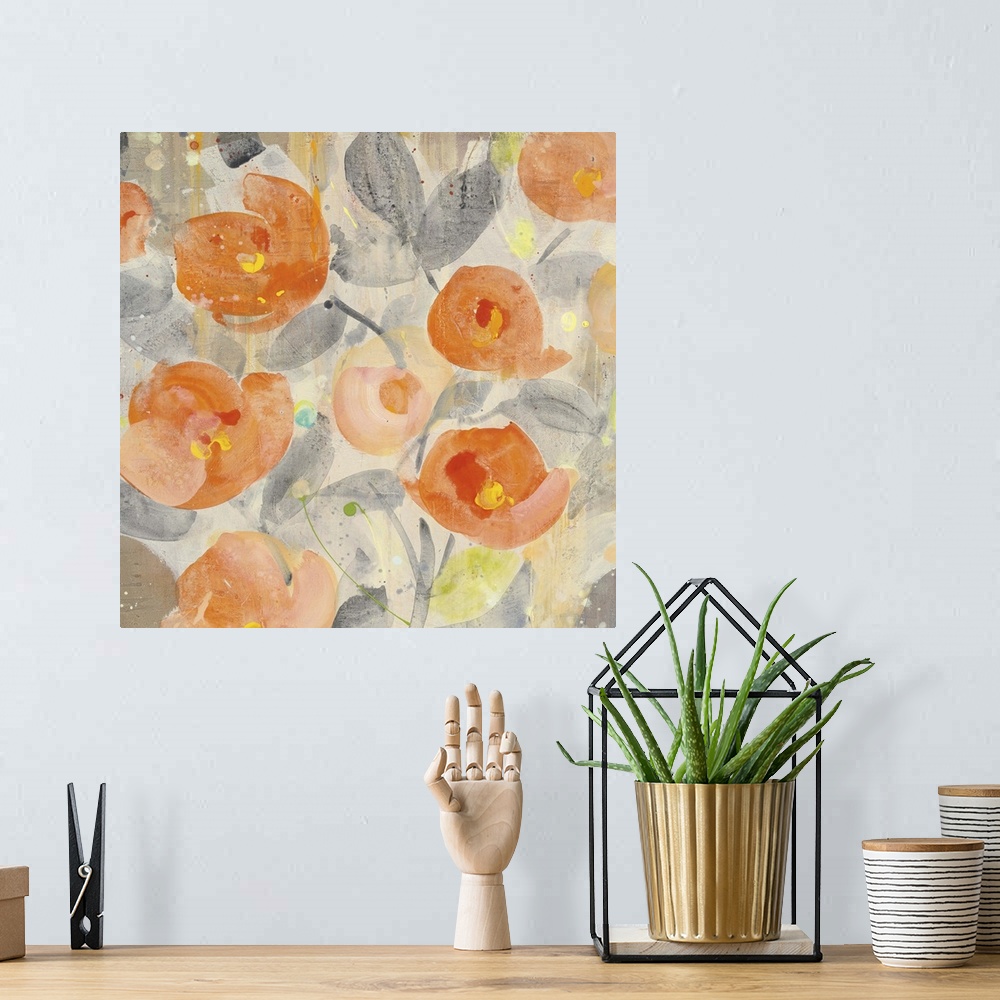 A bohemian room featuring Vibrant orange poppies on gray stems against a neutral toned background.