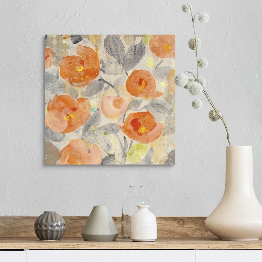 A farmhouse room featuring Vibrant orange poppies on gray stems against a neutral toned background.
