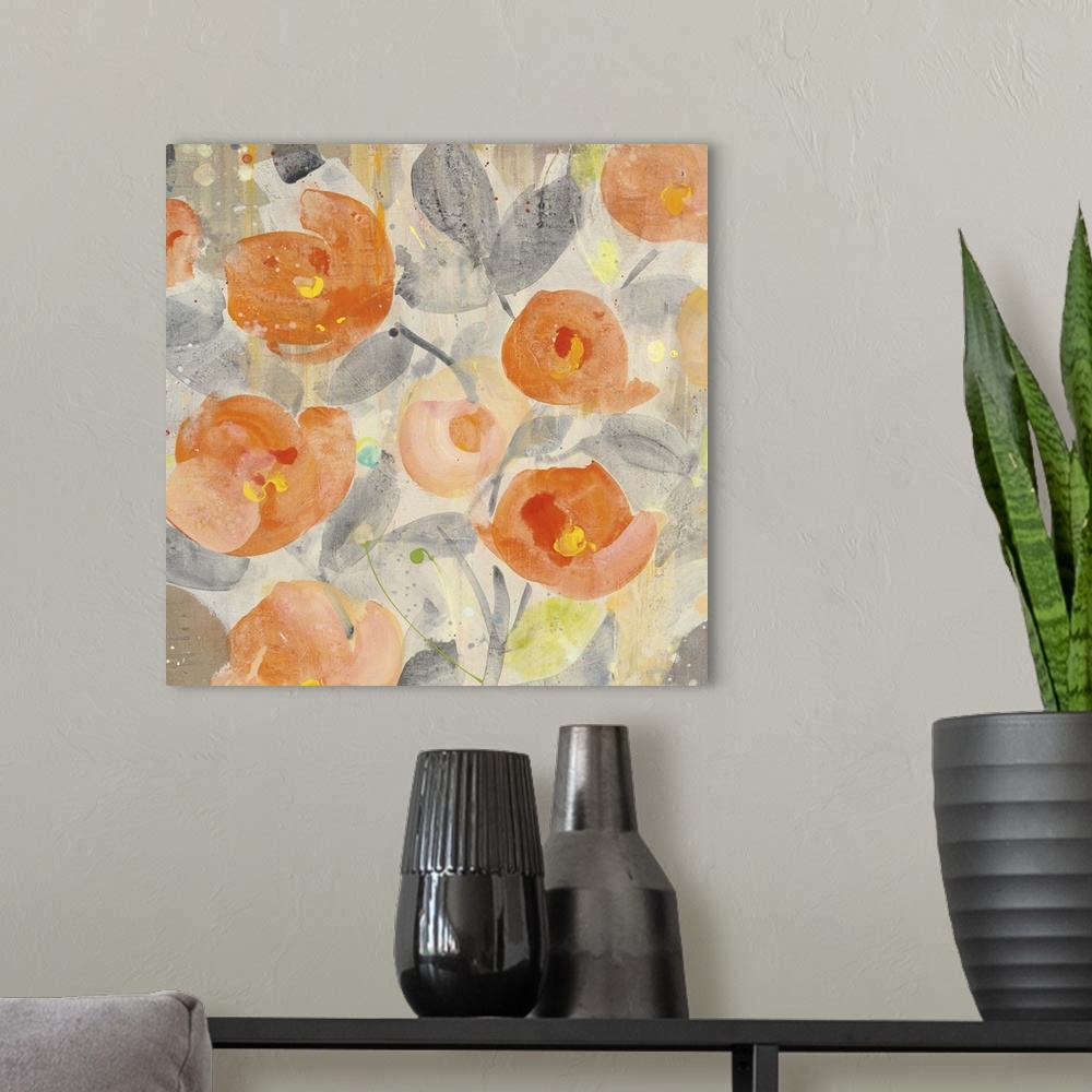 A modern room featuring Vibrant orange poppies on gray stems against a neutral toned background.
