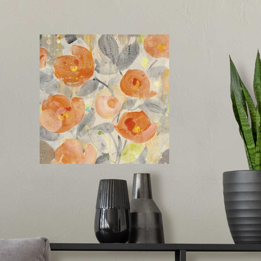 A modern room featuring Vibrant orange poppies on gray stems against a neutral toned background.