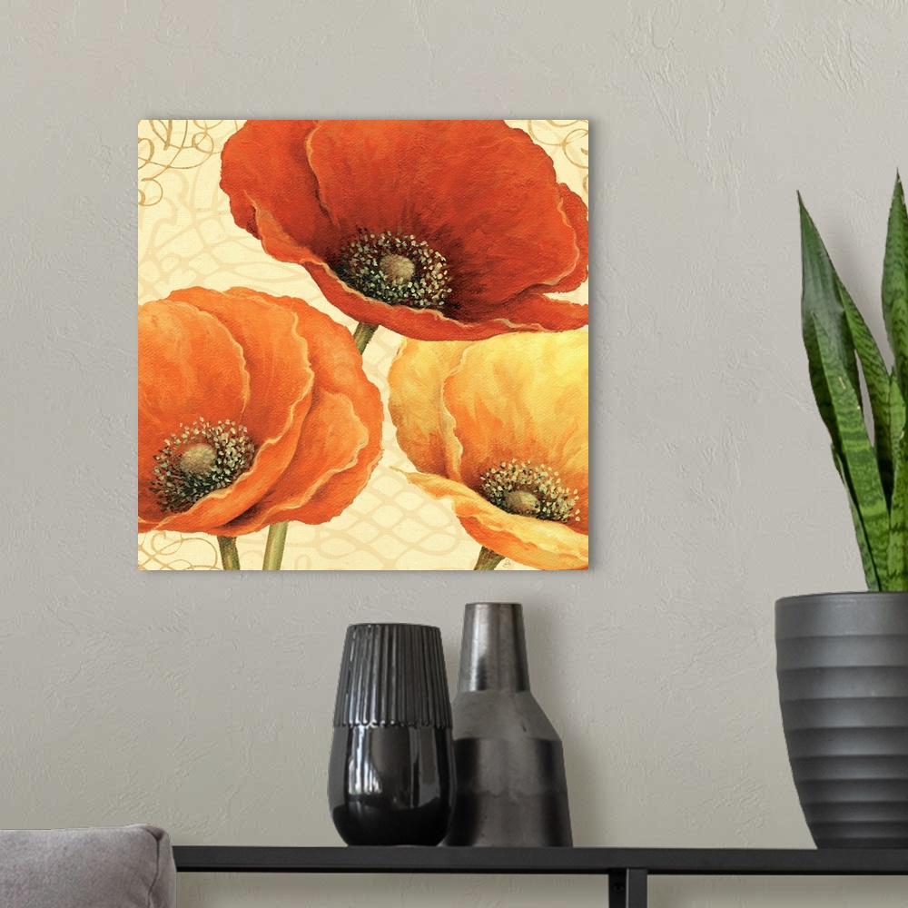 A modern room featuring Up-close painting of three flower blossoms with a scroll-like patterned background.