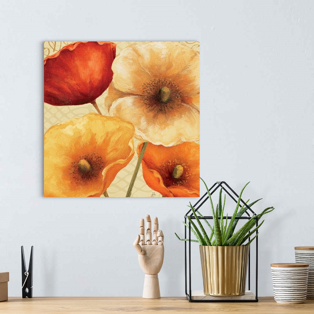 A bohemian room featuring Huge floral art shows a close-up of four flowers sitting next to one another.  Artist sets the fl...