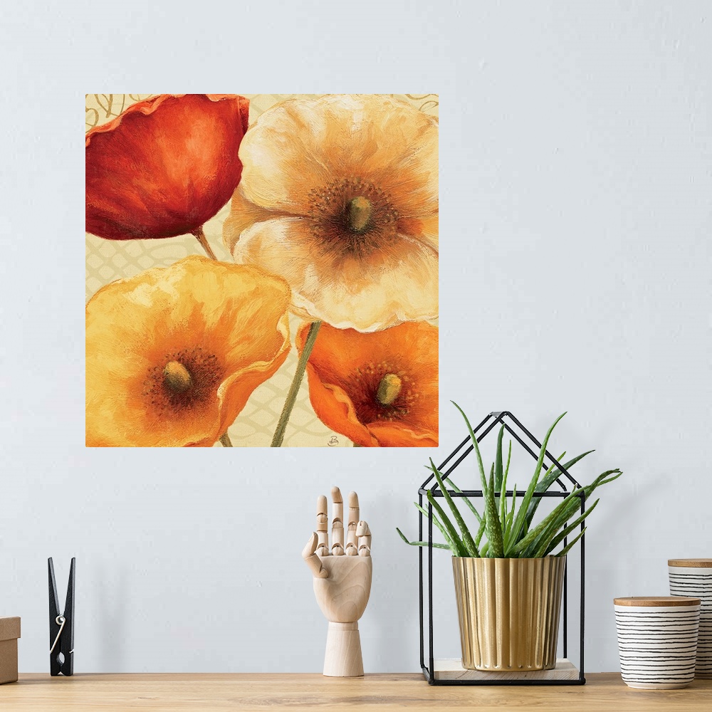 A bohemian room featuring Huge floral art shows a close-up of four flowers sitting next to one another.  Artist sets the fl...