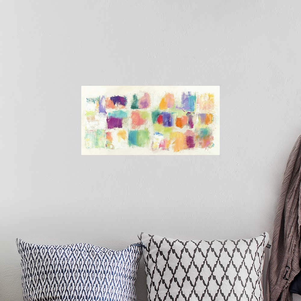 A bohemian room featuring Long, rectangular abstract painting with multicolored square swatches painted on an off-white bac...