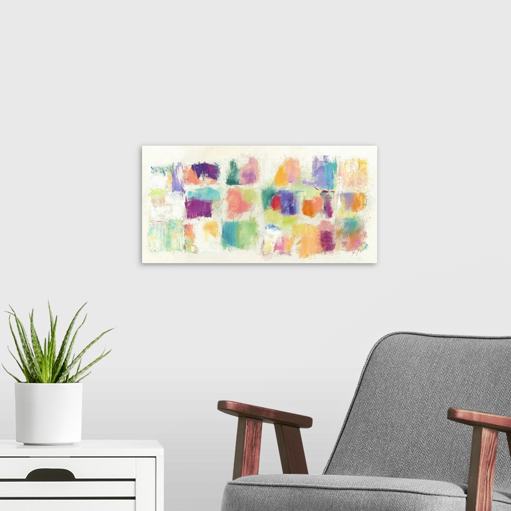 A modern room featuring Long, rectangular abstract painting with multicolored square swatches painted on an off-white bac...