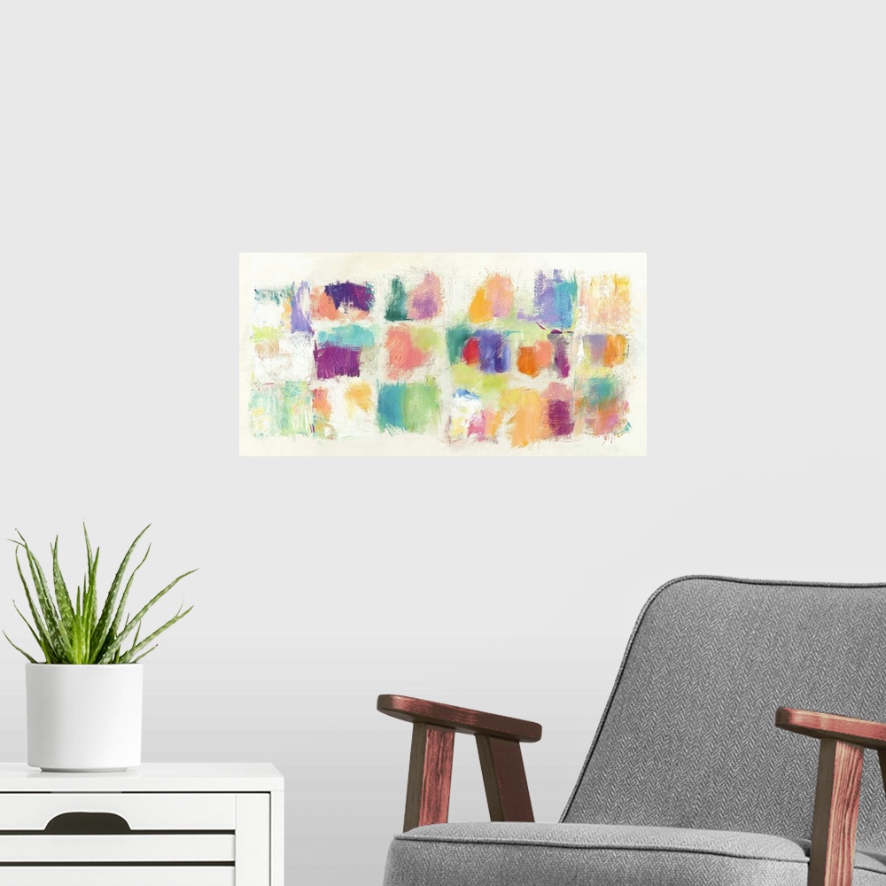 A modern room featuring Long, rectangular abstract painting with multicolored square swatches painted on an off-white bac...