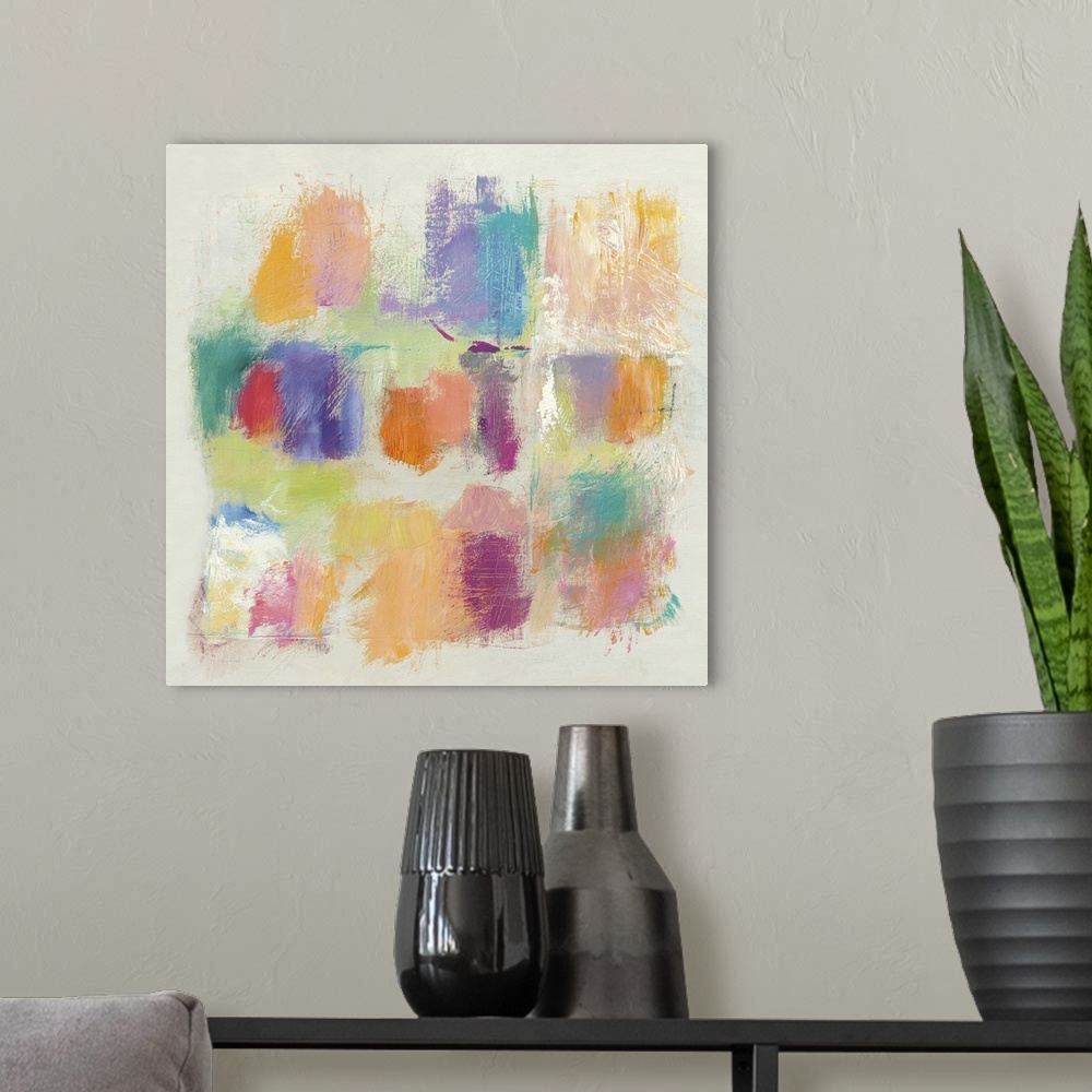 A modern room featuring Square contemporary abstract painting of multicolored square swatches on a white background.