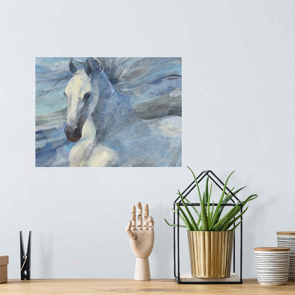 A bohemian room featuring Contemporary painting of a white horse against a white multi-toned blue background.