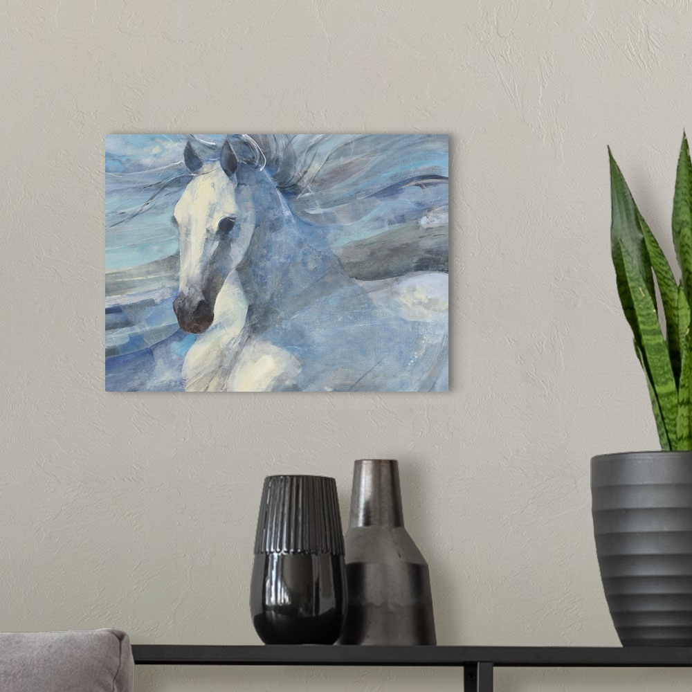 A modern room featuring Contemporary painting of a white horse against a white multi-toned blue background.