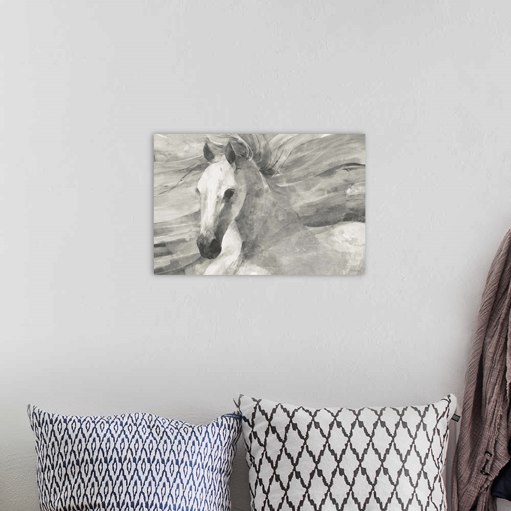 A bohemian room featuring Black and white painting of a horse with flowing horizontal lines in the background creating move...