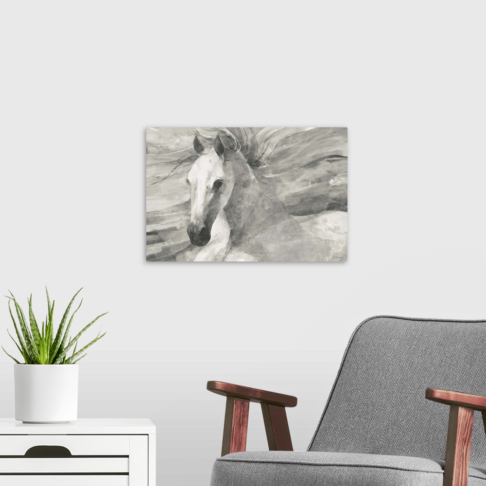 A modern room featuring Black and white painting of a horse with flowing horizontal lines in the background creating move...