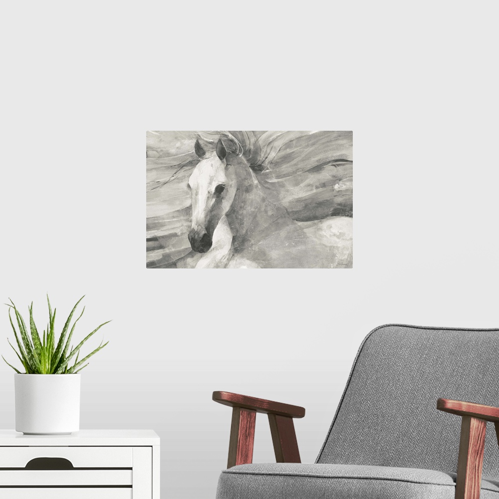 A modern room featuring Black and white painting of a horse with flowing horizontal lines in the background creating move...
