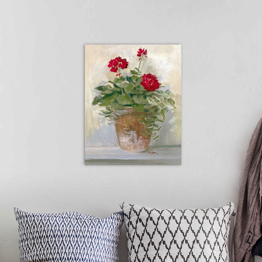 A bohemian room featuring Large painting on canvas of flowers planted in a pot sitting on the ground near a wall.