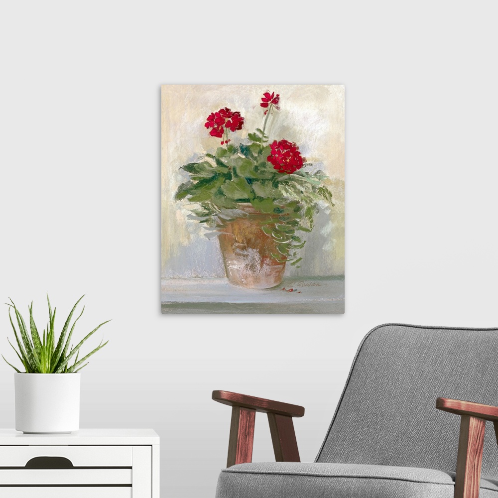 A modern room featuring Large painting on canvas of flowers planted in a pot sitting on the ground near a wall.