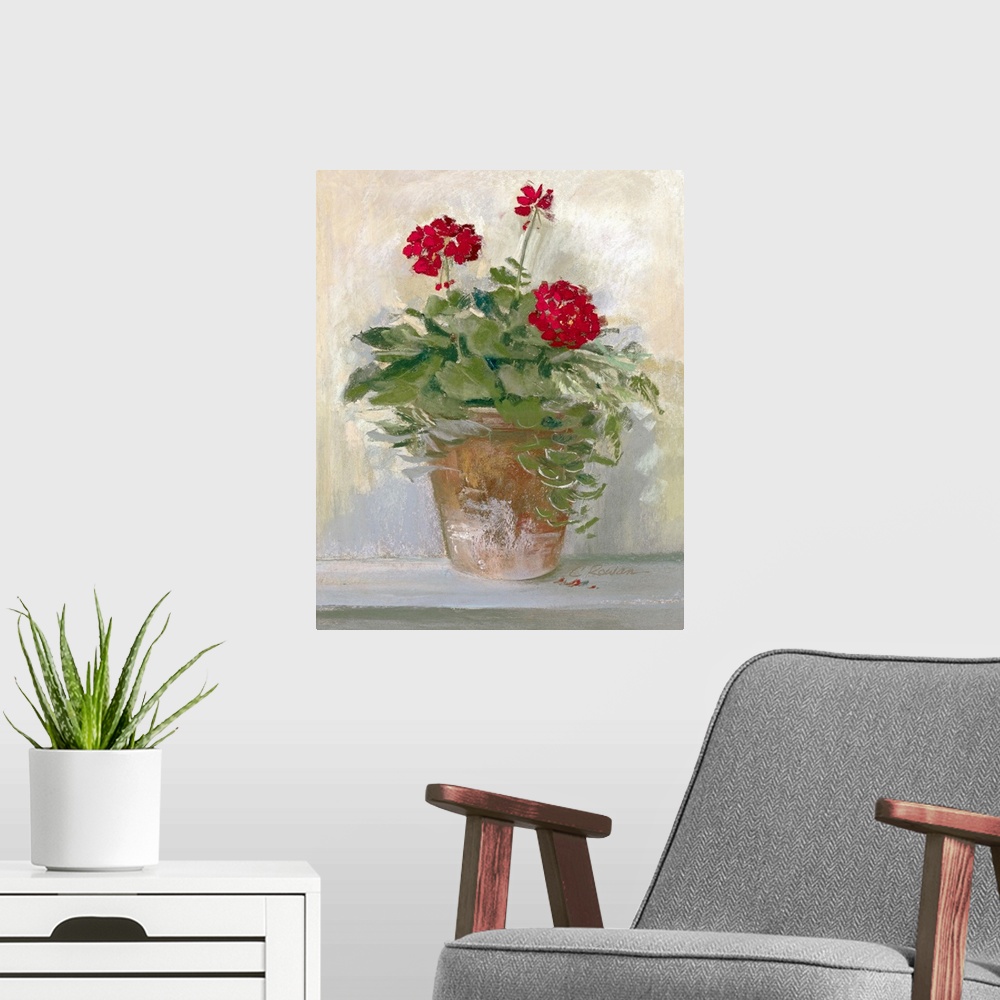 A modern room featuring Large painting on canvas of flowers planted in a pot sitting on the ground near a wall.