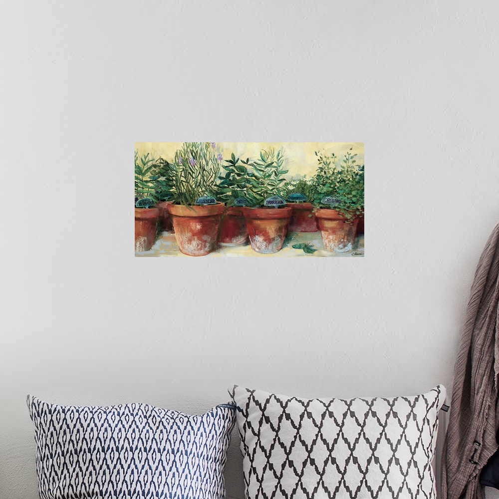 A bohemian room featuring Contemporary painting of different herbs in separate clay pots.