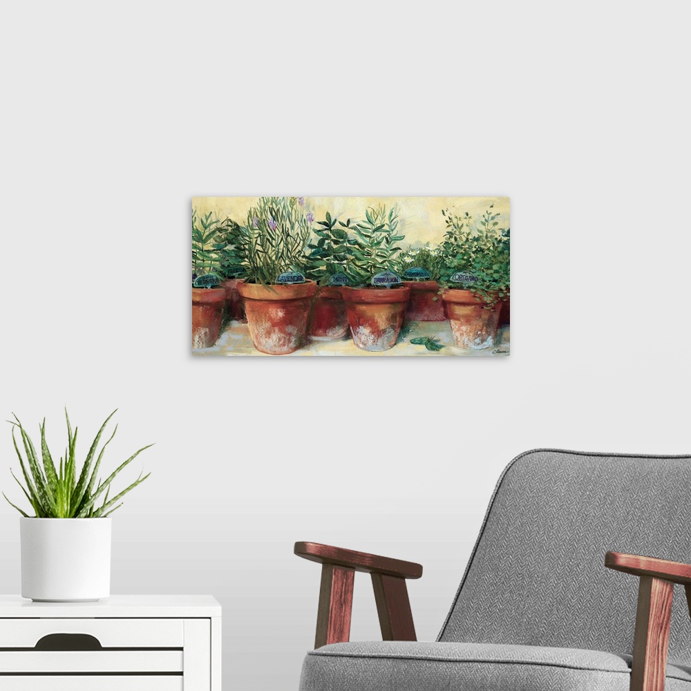 A modern room featuring Contemporary painting of different herbs in separate clay pots.